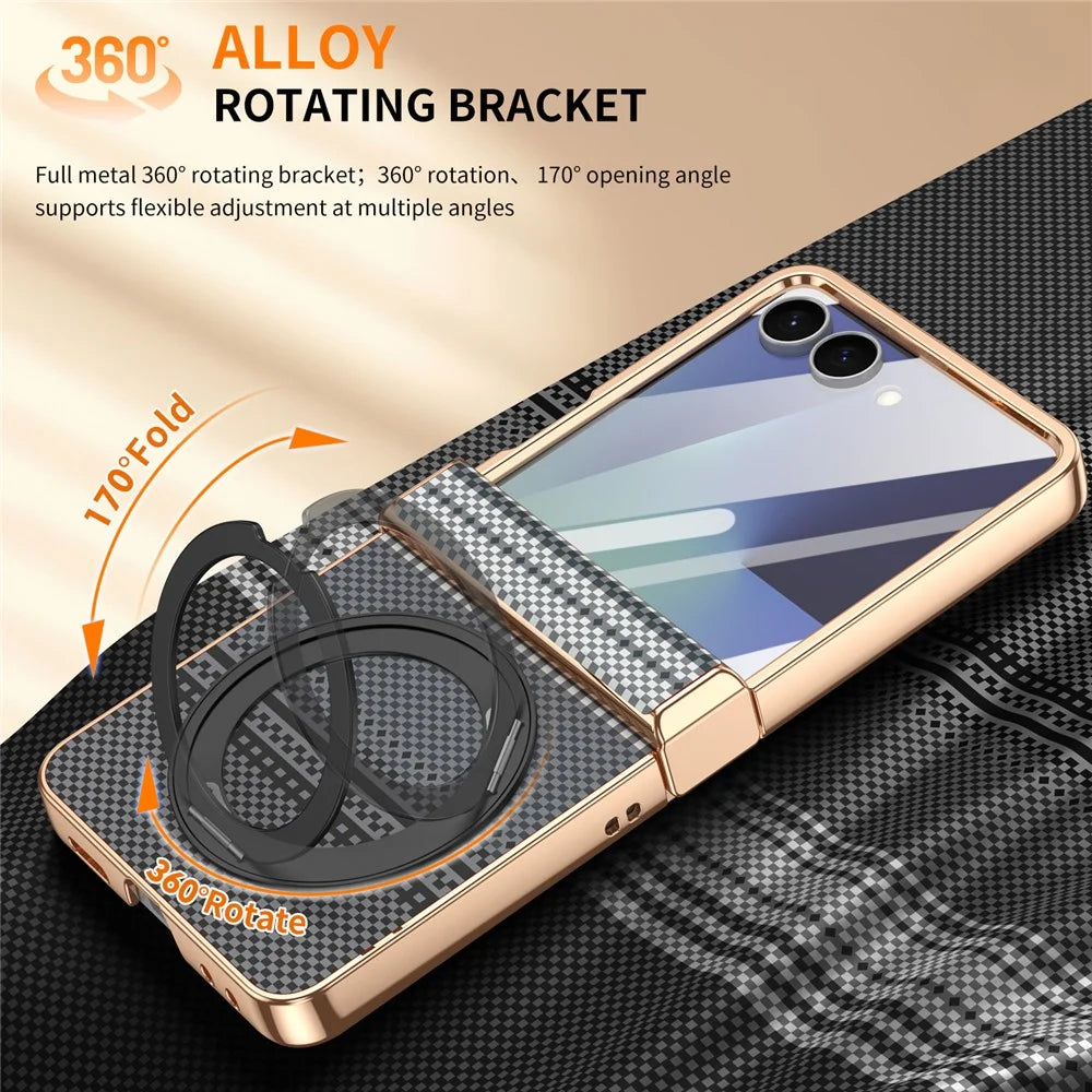 For Samsung Galaxy Z Flip7 5G Case Magnetic Rotating Kickstand Aramid Fiber Texture Leather + PC Phone Cover with HD Screen Protector - Black - 6