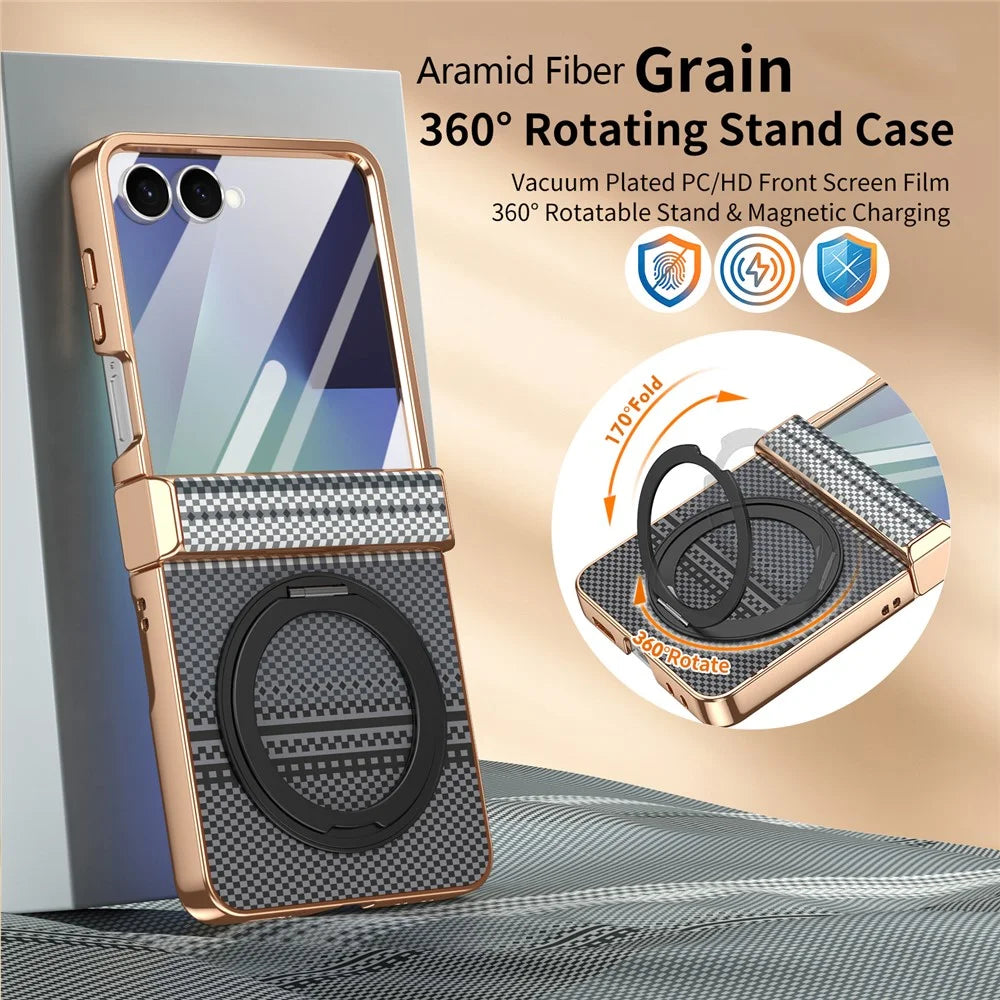 For Samsung Galaxy Z Flip8 Case Magnetic Rotating Kickstand Aramid Fiber Texture Leather + PC Phone Cover with HD Screen Protector - Black - 3