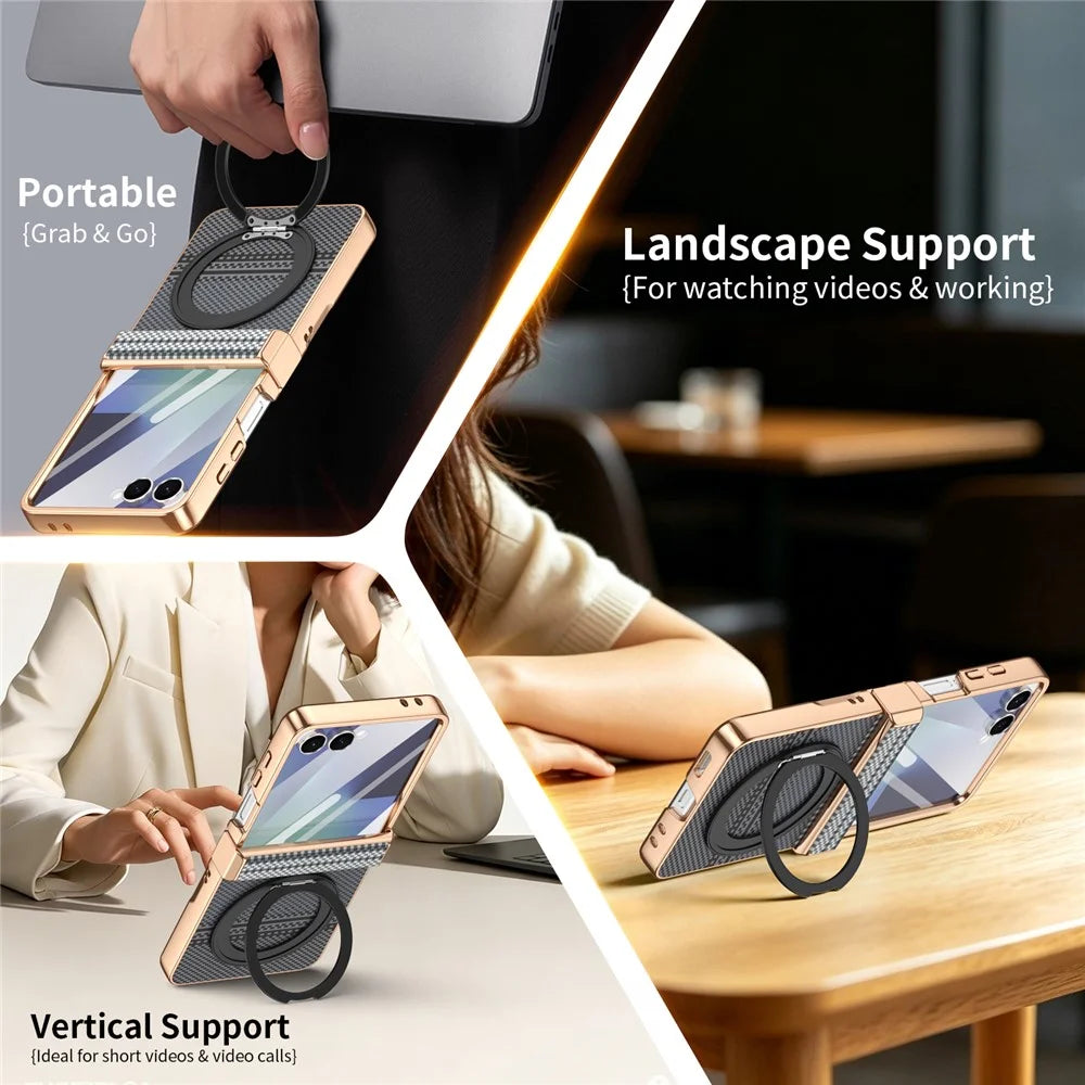 For Samsung Galaxy Z Flip8 Case Magnetic Rotating Kickstand Aramid Fiber Texture Leather + PC Phone Cover with HD Screen Protector - Black - 4