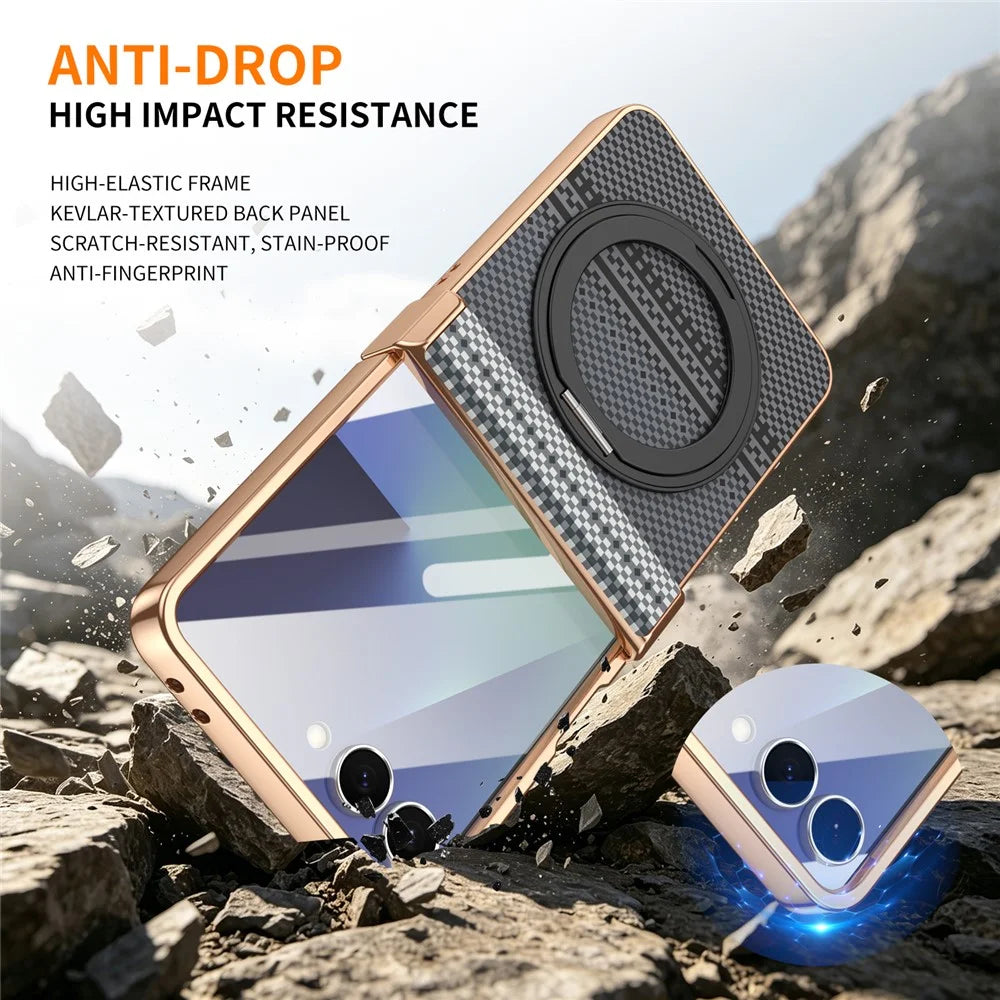 For Samsung Galaxy Z Flip8 Case Magnetic Rotating Kickstand Aramid Fiber Texture Leather + PC Phone Cover with HD Screen Protector - Black - 7