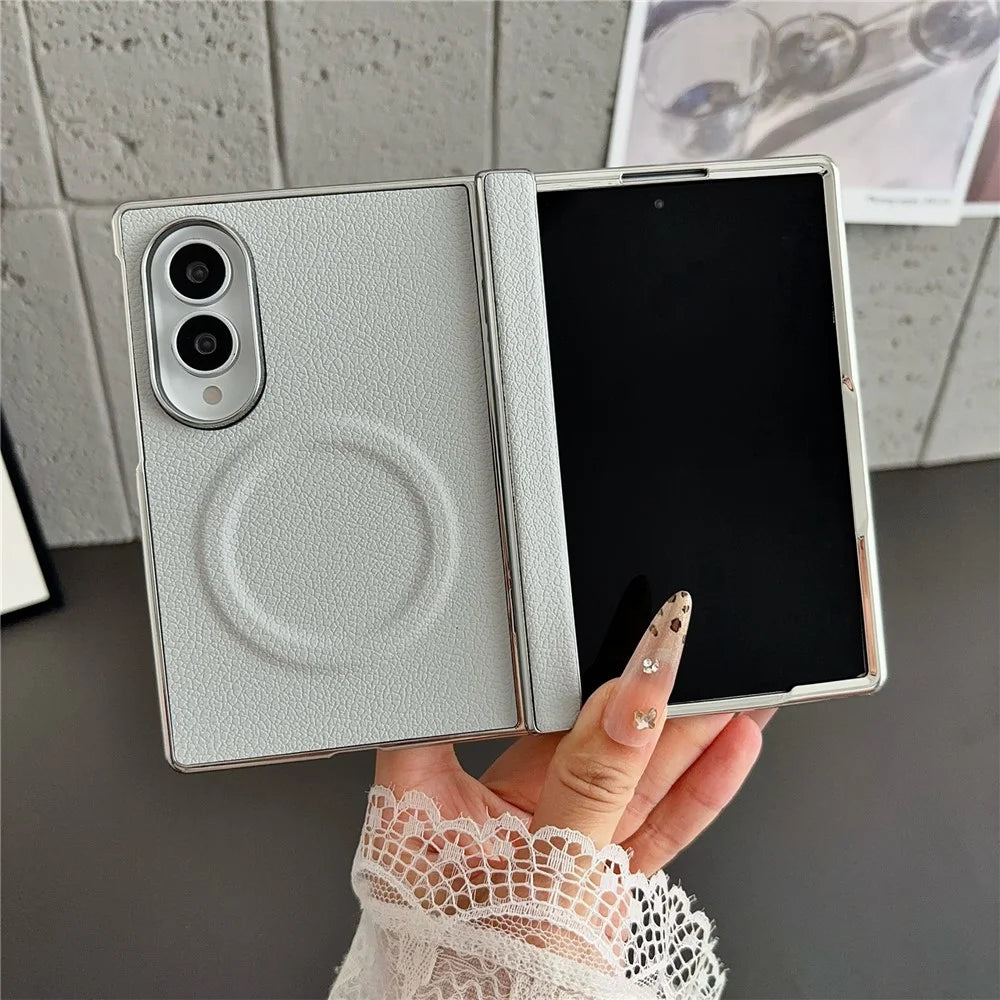 For Samsung Galaxy Z Fold8 Magnetic Case Litchi Texture PU Leather + PC Electroplated Shockproof Phone Cover - Grey - 1