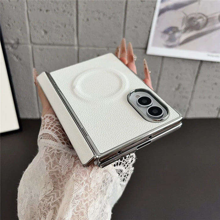 For Samsung Galaxy Z Fold8 Magnetic Case Litchi Texture PU Leather + PC Electroplated Shockproof Phone Cover - Grey - 6