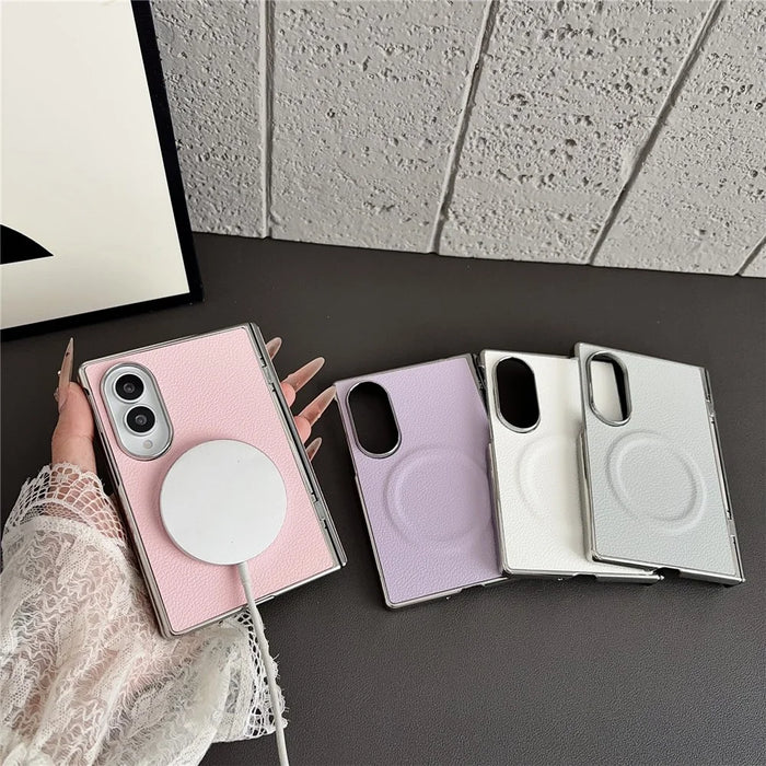 For Samsung Galaxy Z Fold8 Magnetic Case Litchi Texture PU Leather + PC Electroplated Shockproof Phone Cover - Grey - 7