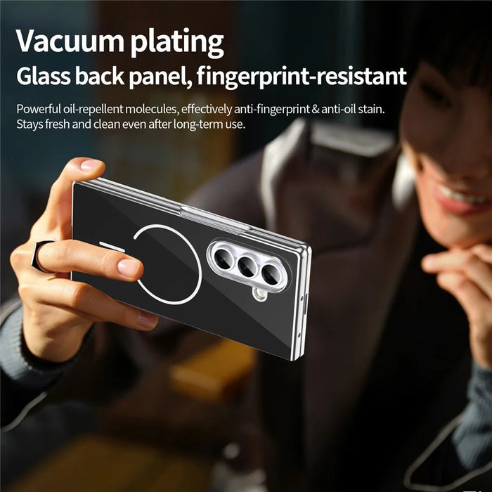 For Samsung Galaxy Z Fold7 5G Magnetic Case PC + Glass Back Shockproof Anti-Fingerprint Phone Cover with Screen Protector - Black - 5