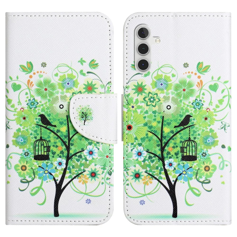 For Samsung Galaxy A34 5G Pattern Printing PU Leather Flip Folio Case Cross Texture Shockproof TPU Inner Shell Wallet Stand Phone Cover - Green Tree - 1