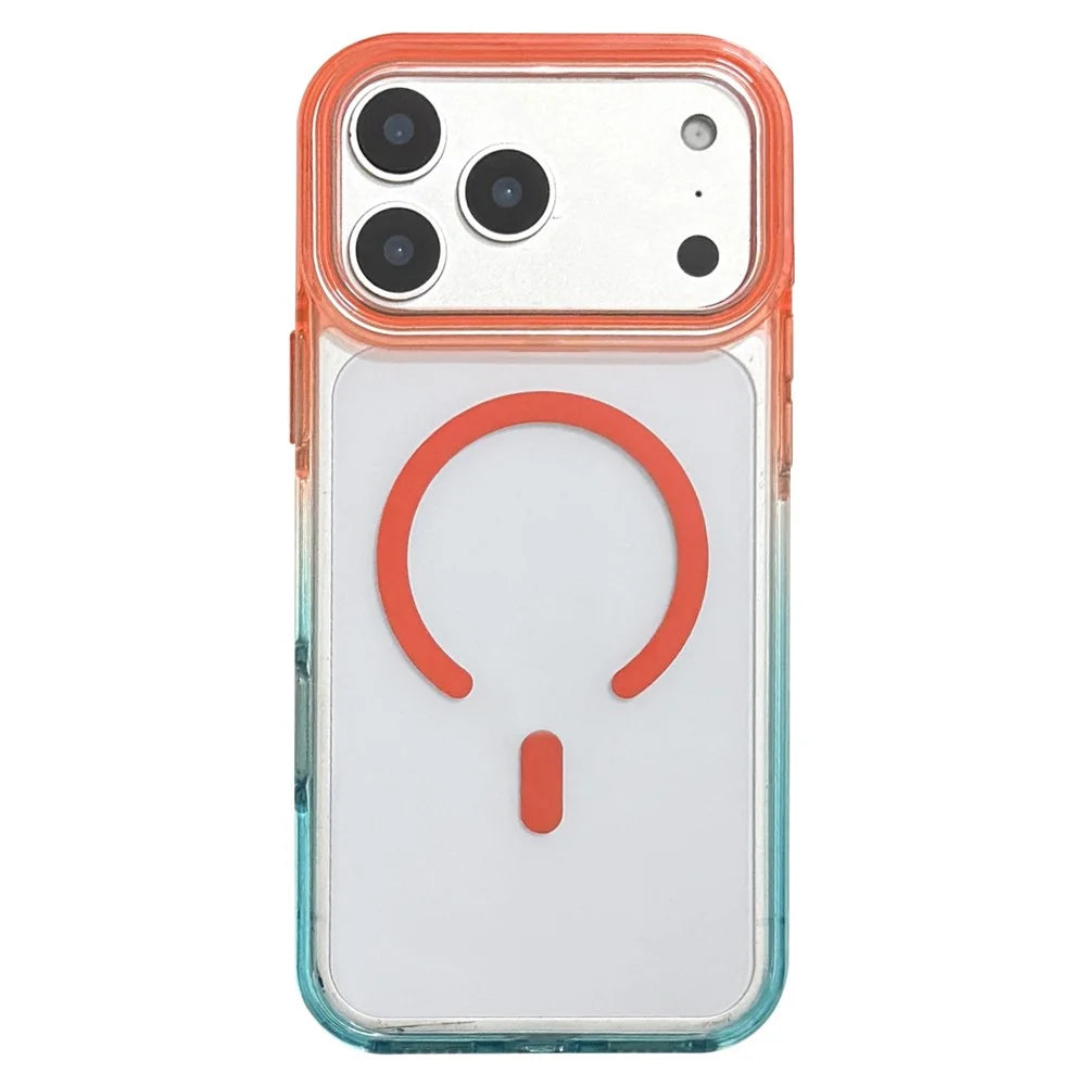 For iPhone 18 Pro / 17 Pro Magnetic Case Dual Color PC + TPU Crystal Clear Back Phone Cover - Orange+Sky Blue - 1