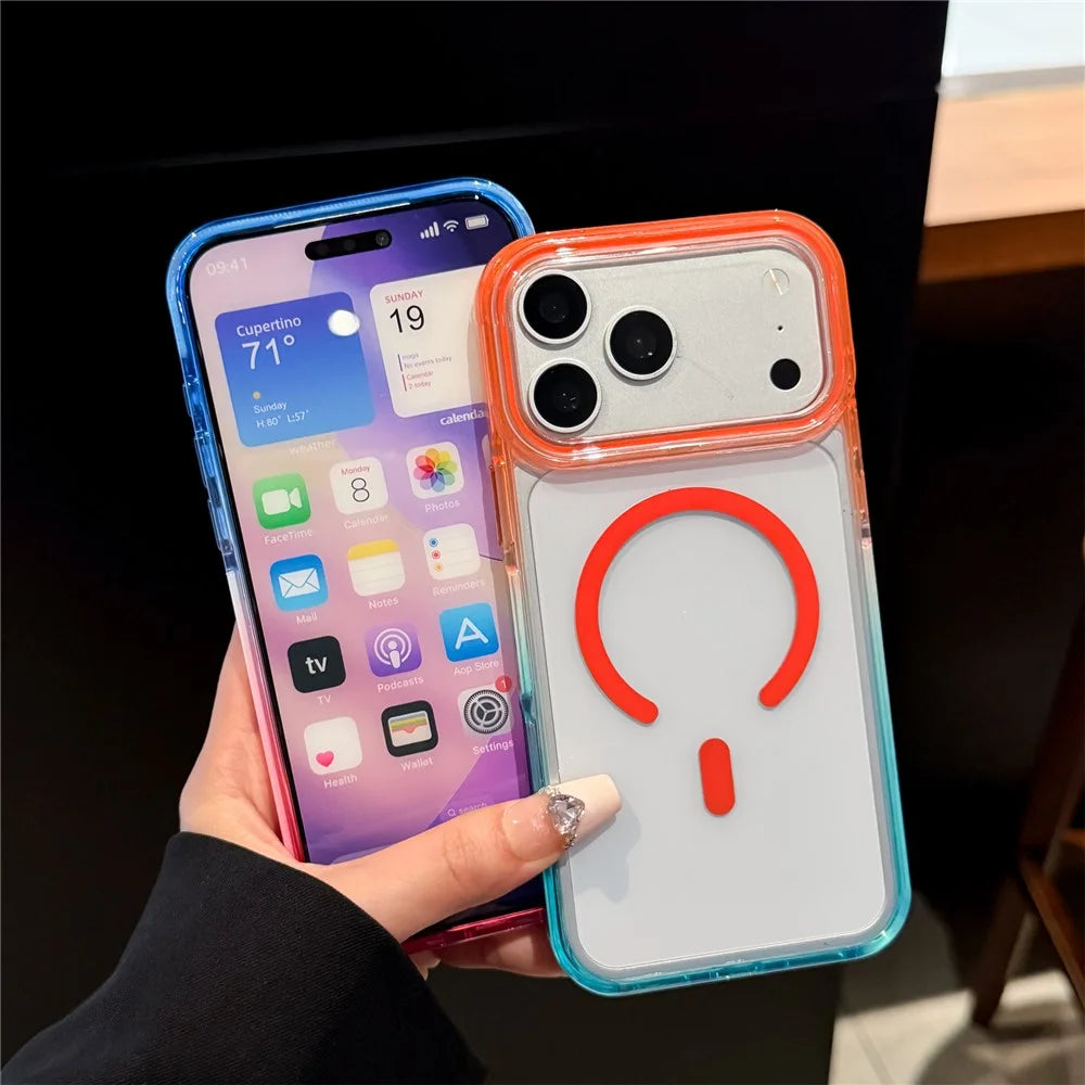 For iPhone 18 Pro Max / 17 Pro Max Magnetic Case Dual Color PC + TPU Crystal Clear Back Phone Cover - Orange+Sky Blue - 4