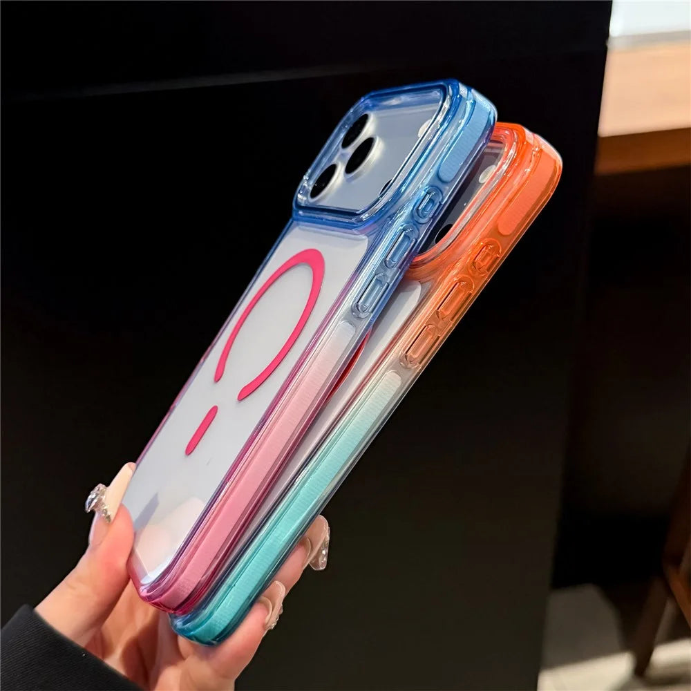 For iPhone 18 Pro Max / 17 Pro Max Magnetic Case Dual Color PC + TPU Crystal Clear Back Phone Cover - Orange+Sky Blue - 6