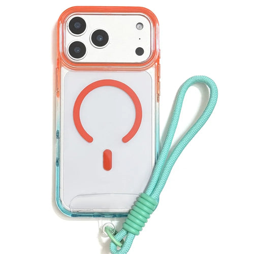For iPhone 18 Pro / 17 Pro Magnetic Case Dual-Color PC + TPU Anti Drop Phone Cover with Lanyard - Orange+Sky Blue - 1