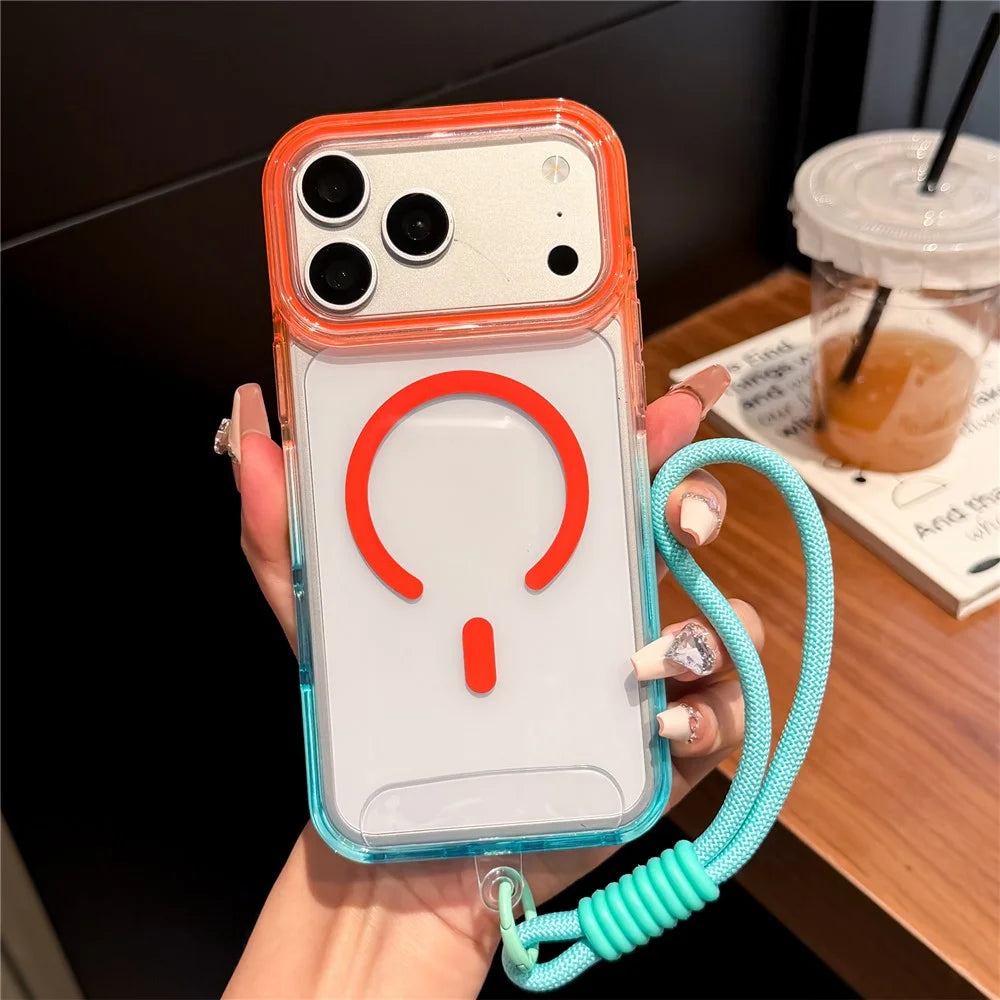 For iPhone 18 Pro / 17 Pro Magnetic Case Dual-Color PC + TPU Anti Drop Phone Cover with Lanyard - Orange+Sky Blue - 2
