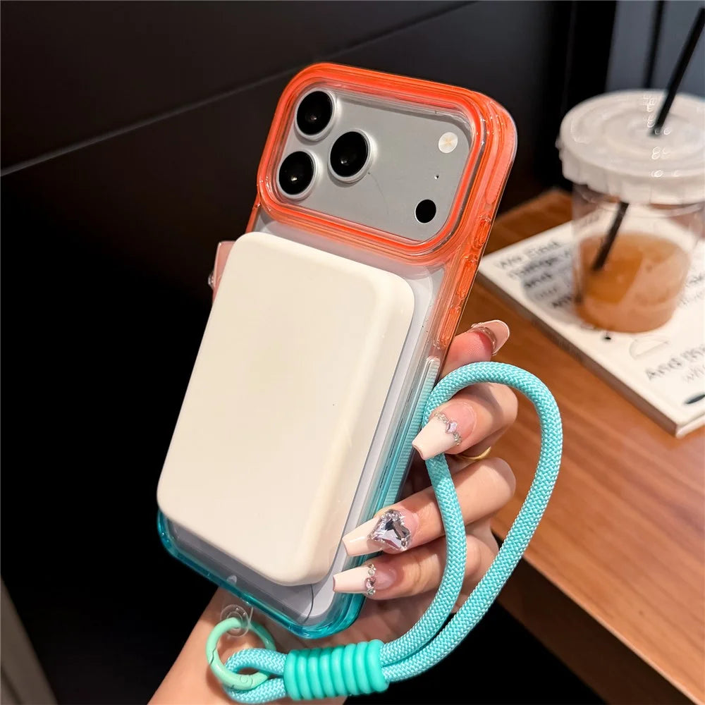For iPhone 18 Pro / 17 Pro Magnetic Case Dual-Color PC + TPU Anti Drop Phone Cover with Lanyard - Orange+Sky Blue - 3
