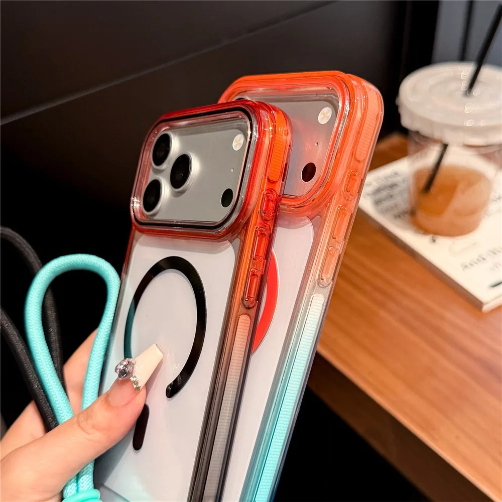 For iPhone 18 Pro / 17 Pro Magnetic Case Dual-Color PC + TPU Anti Drop Phone Cover with Lanyard - Orange+Sky Blue - 5