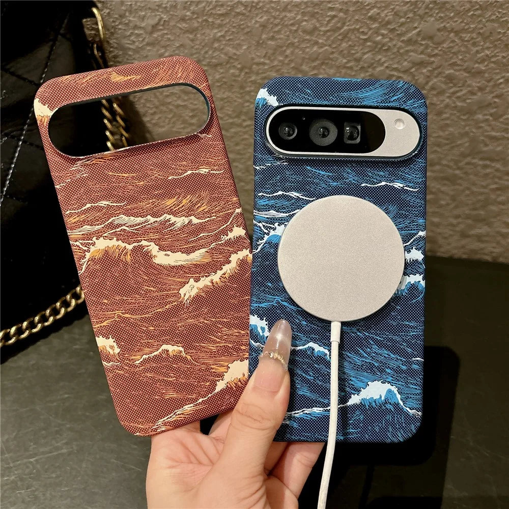 For Google Pixel 11 / Pixel 11 Pro Magnetic Case Water Transfer Printing Wave Pattern Shockproof PC Phone Cover - Orange - 3