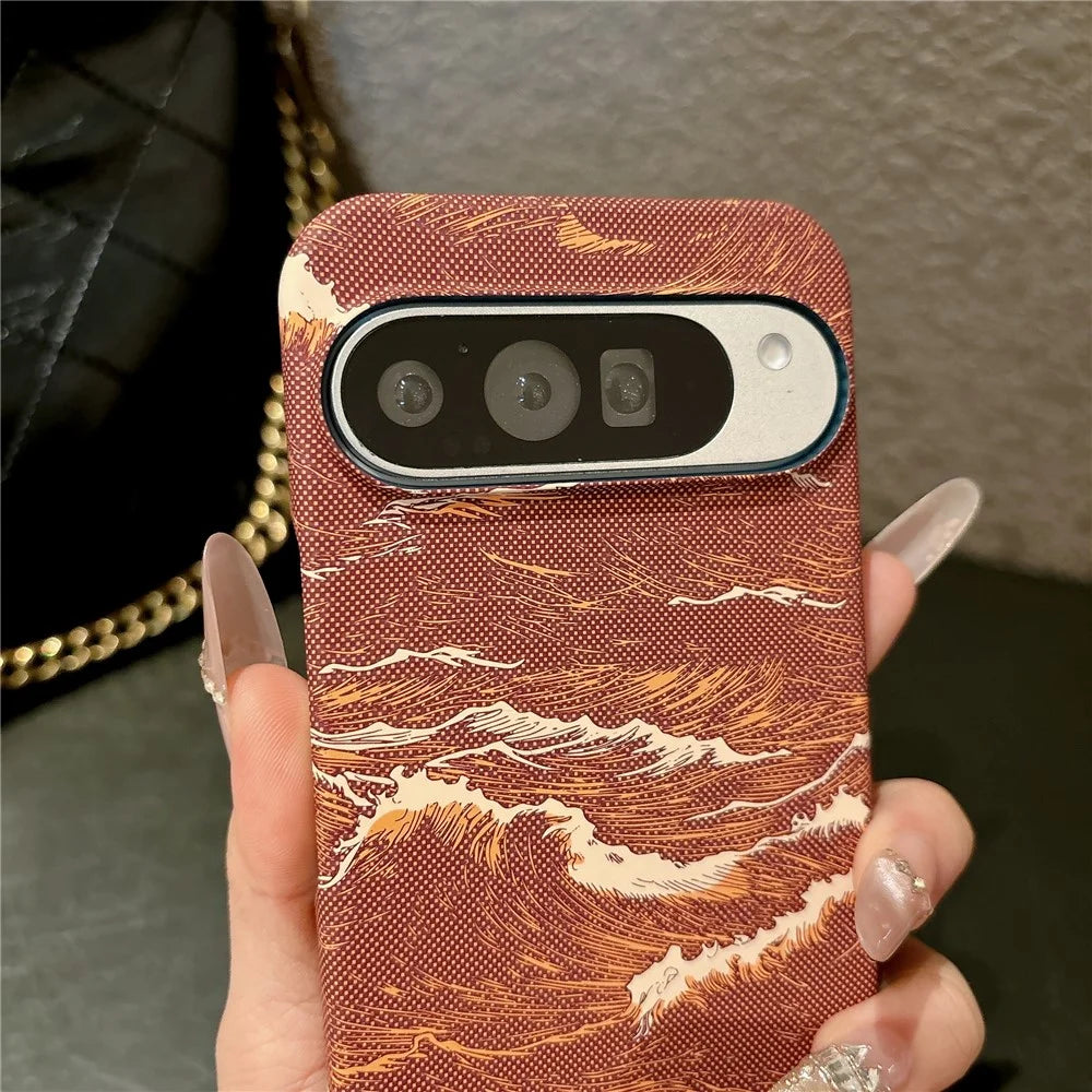 For Google Pixel 11 / Pixel 11 Pro Magnetic Case Water Transfer Printing Wave Pattern Shockproof PC Phone Cover - Orange - 5