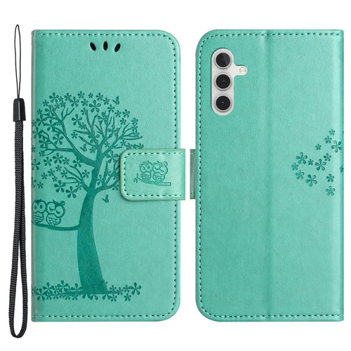 For Samsung Galaxy A34 5G Imprinted Owl Tree Pattern Stand Wallet Case PU Leather Full Protection Phone Cover - Green - 1