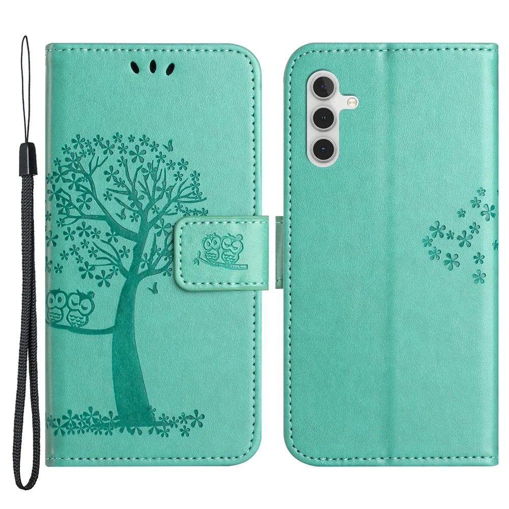 For Samsung Galaxy A34 5G Imprinted Owl Tree Pattern Stand Wallet Case PU Leather Full Protection Phone Cover - Green - 1