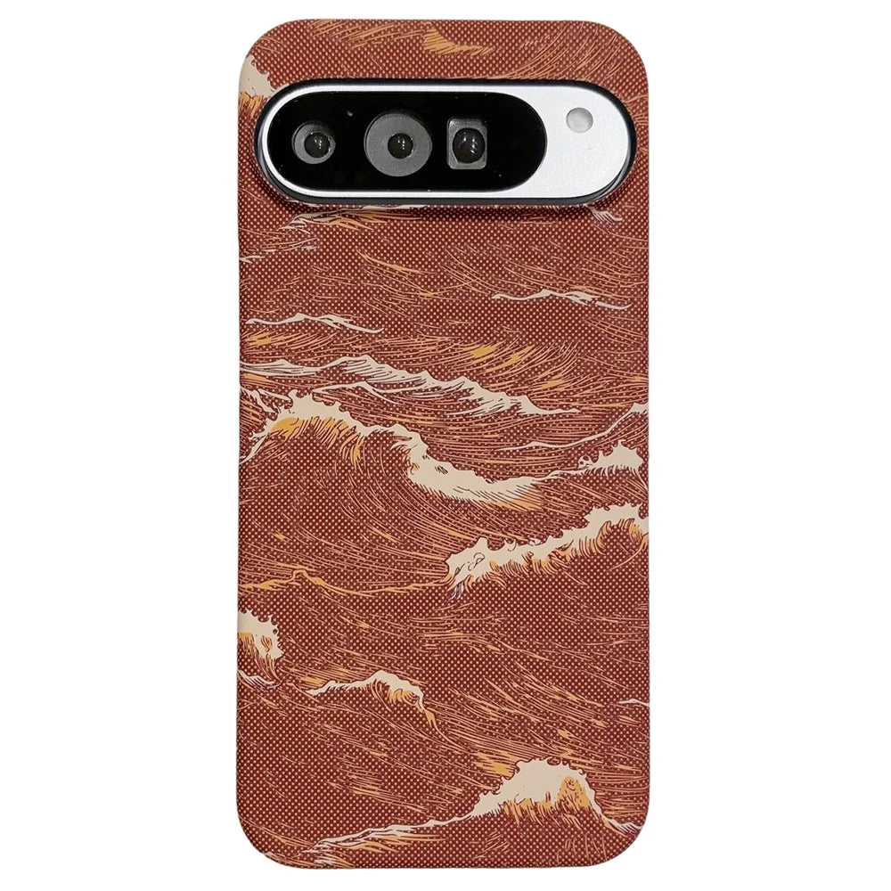For Google Pixel 11 Pro XL Magnetic Case Water Transfer Printing Wave Pattern Shockproof PC Phone Cover - Orange - 1