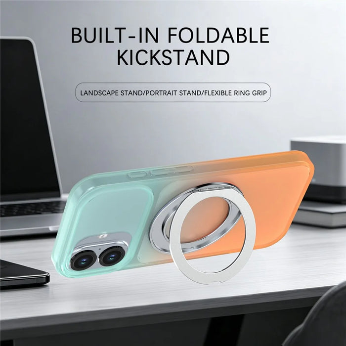 For iPhone 16 Magnetic Case Rotary Kickstand Gradient Color PC + TPU Phone Cover - Orange - 3