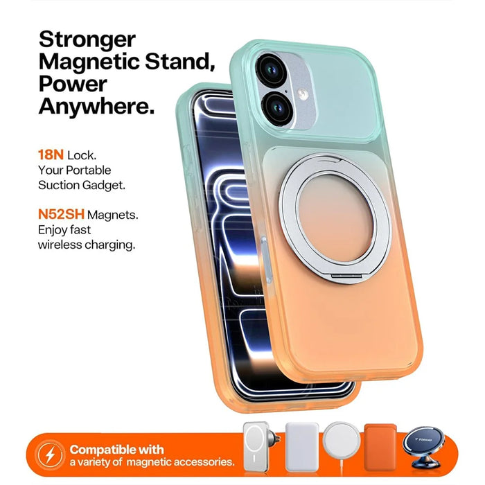 For iPhone 16 Magnetic Case Rotary Kickstand Gradient Color PC + TPU Phone Cover - Orange - 4