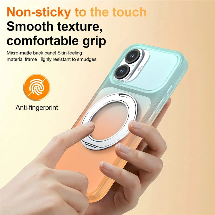 For iPhone 16 Magnetic Case Rotary Kickstand Gradient Color PC + TPU Phone Cover - Orange - 5