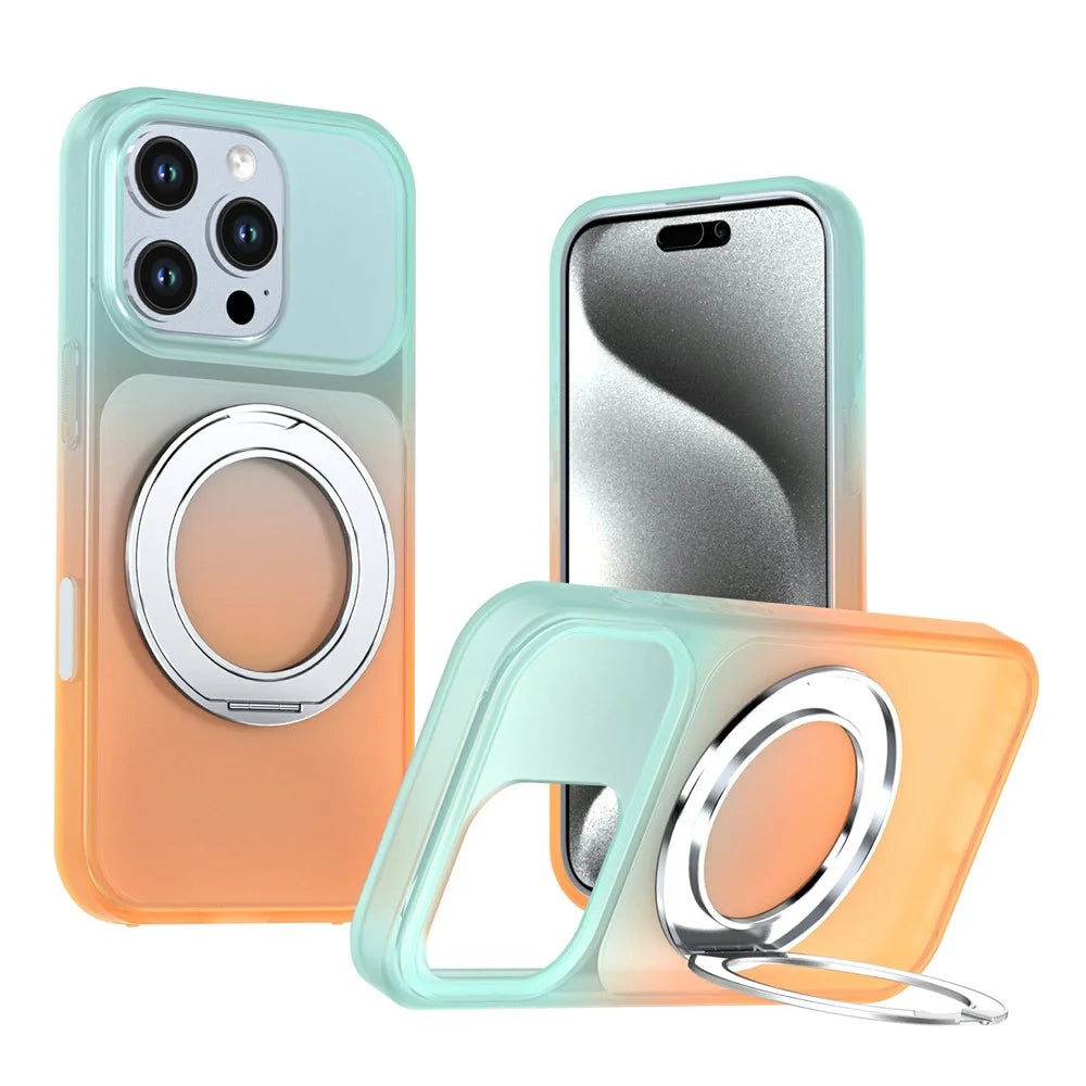 For iPhone 16 Pro Magnetic Case Rotary Kickstand Gradient Color PC + TPU Phone Cover - Orange - 1