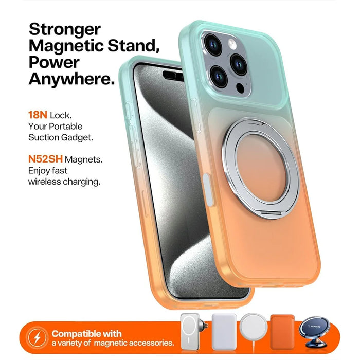 For iPhone 16 Pro Magnetic Case Rotary Kickstand Gradient Color PC + TPU Phone Cover - Orange - 4