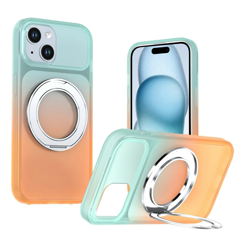 For iPhone 15 Magnetic Case Rotary Kickstand Gradient Color PC + TPU Phone Cover - Orange - 1
