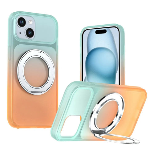 For iPhone 15 Magnetic Case Rotary Kickstand Gradient Color PC + TPU Phone Cover - Orange - 1