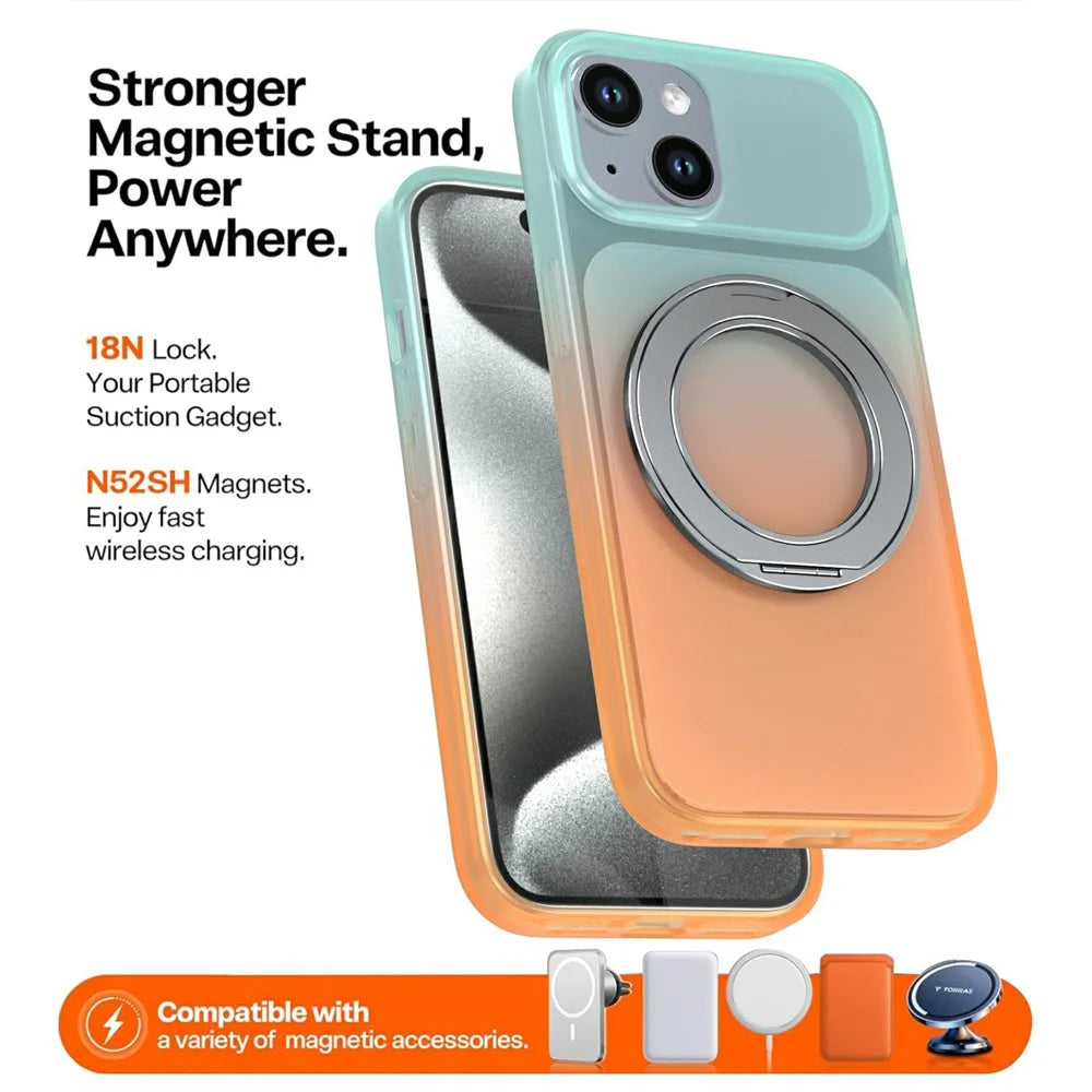 For iPhone 15 Magnetic Case Rotary Kickstand Gradient Color PC + TPU Phone Cover - Orange - 4