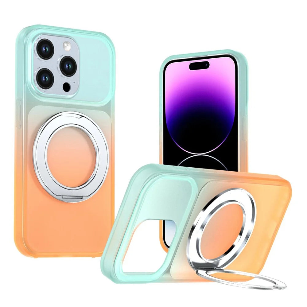 For iPhone 14 Pro Magnetic Case Rotary Kickstand Gradient Color PC + TPU Phone Cover - Orange - 1