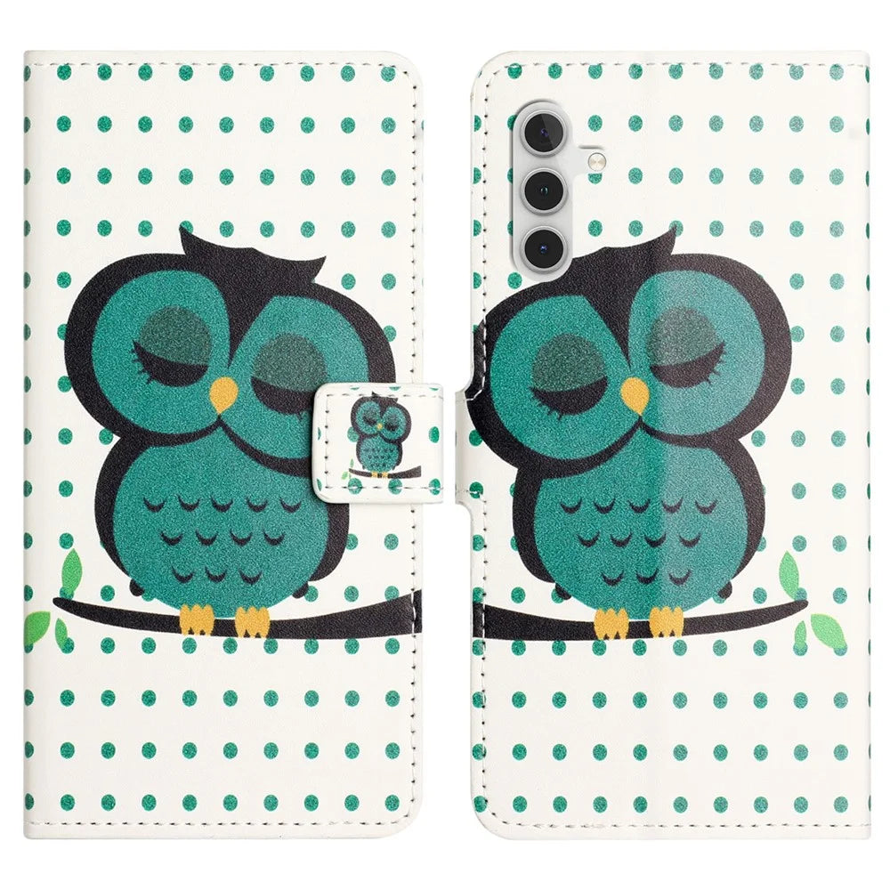 For Samsung Galaxy A34 5G Pattern Printing PU Leather Cover Stand Magnetic Closure Flip Wallet Phone Case - Dots  /  Owl - 1