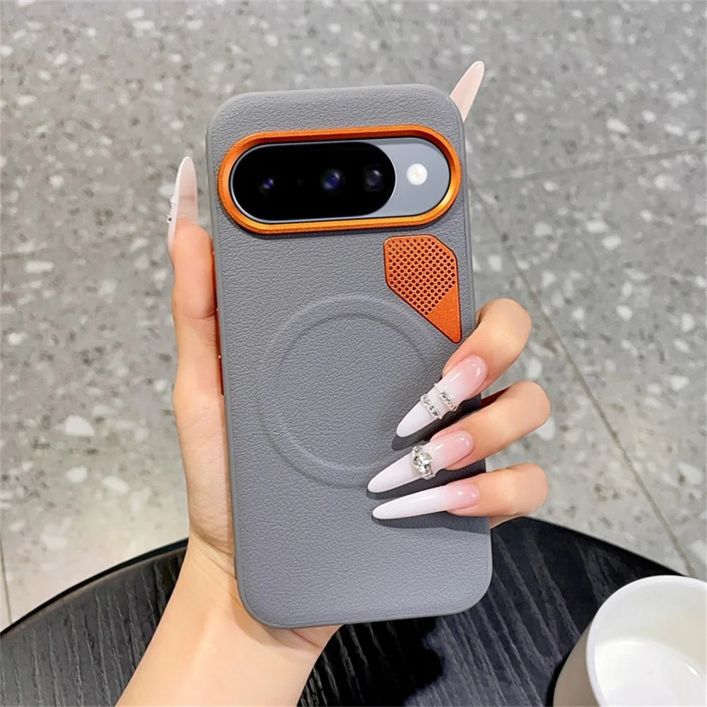 For Google Pixel 11 Magnetic Case Leather Coated PC + TPU Phone Cover with Heat Dissipation Sheet - Grey - 1