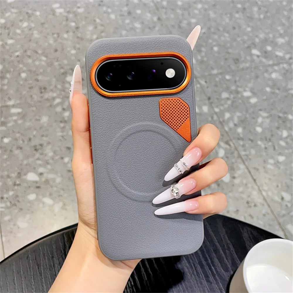 For Google Pixel 11 Pro Magnetic Case Leather Coated PC + TPU Phone Cover with Heat Dissipation Sheet - Grey - 1
