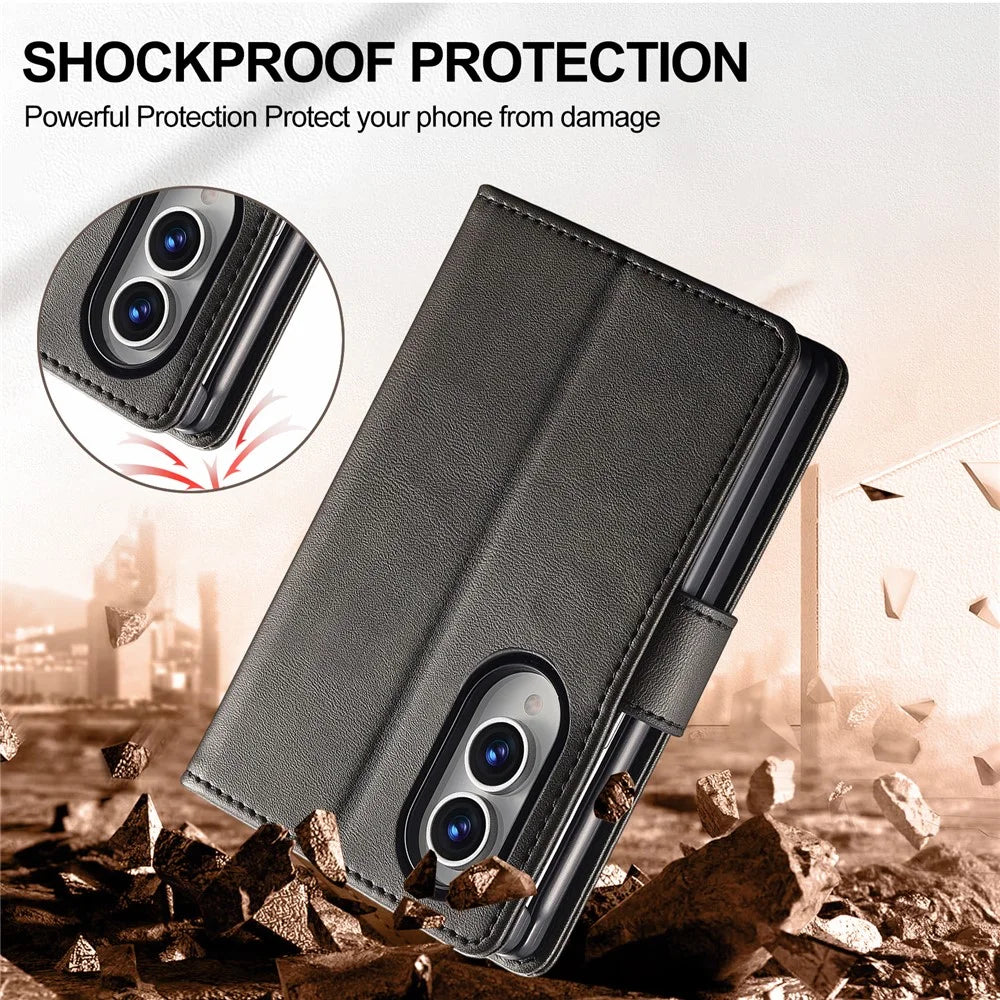 LC.IMEEKE for Samsung Galaxy Z Fold8 Case Wallet Calf Texture Leather Phone Cover - Black - 5