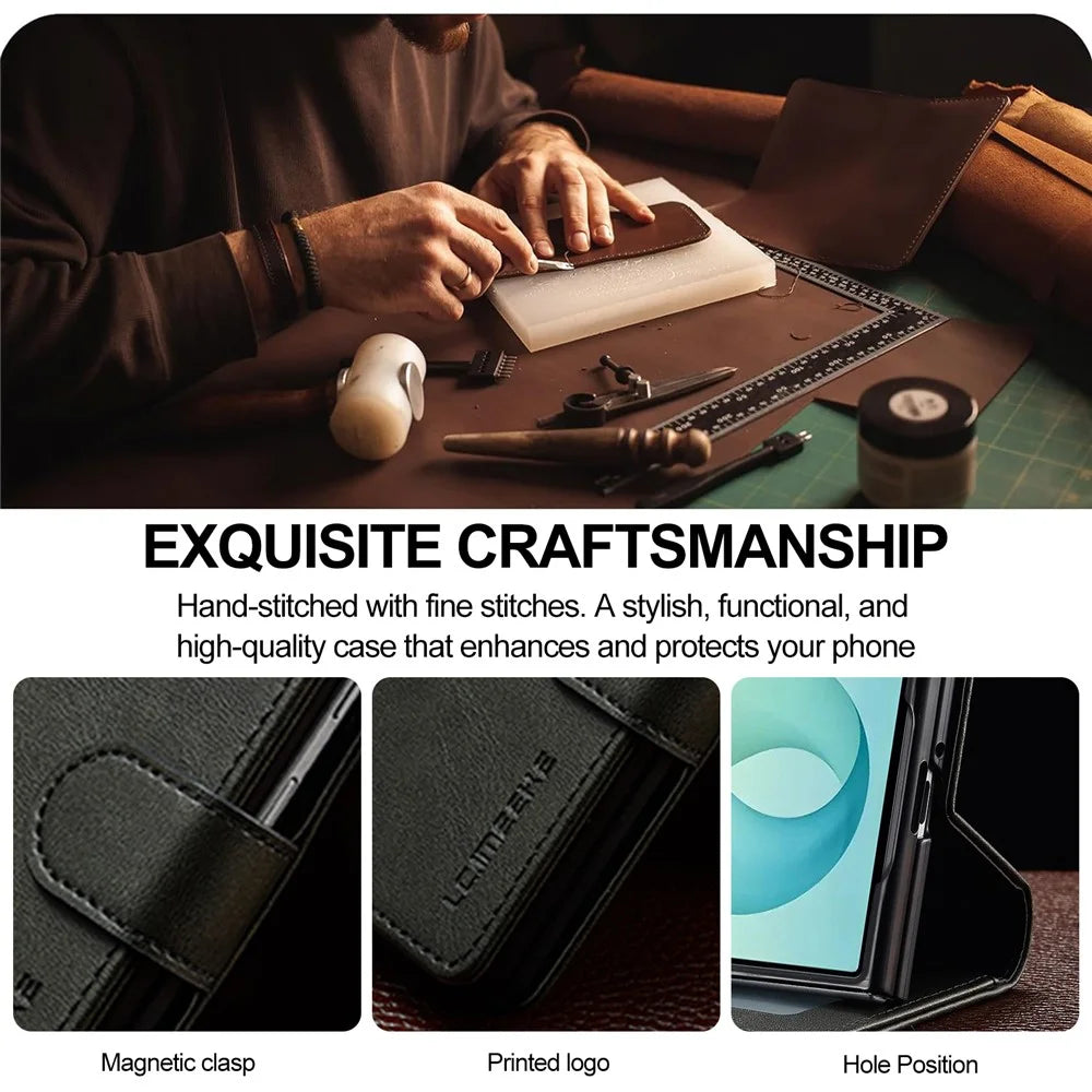 LC.IMEEKE for Samsung Galaxy Z Fold8 Case Wallet Calf Texture Leather Phone Cover - Black - 6