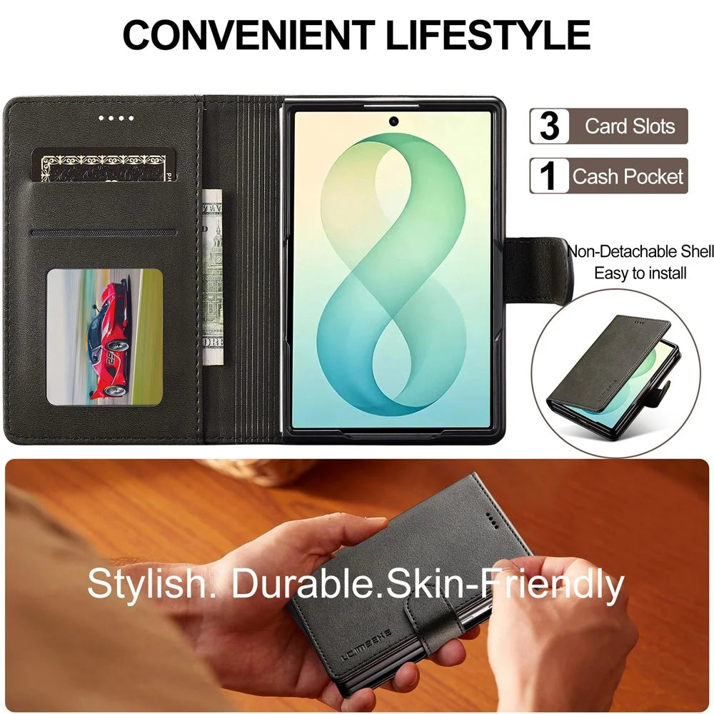 LC.IMEEKE for Samsung Galaxy Z Fold8 Case Wallet Calf Texture Leather Phone Cover - Black - 7