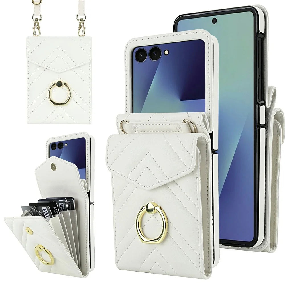 For Samsung Galaxy Z Flip8 Case RFID Blocking PU Leather + TPU Phone Cover with Shoulder Strap - White - 1
