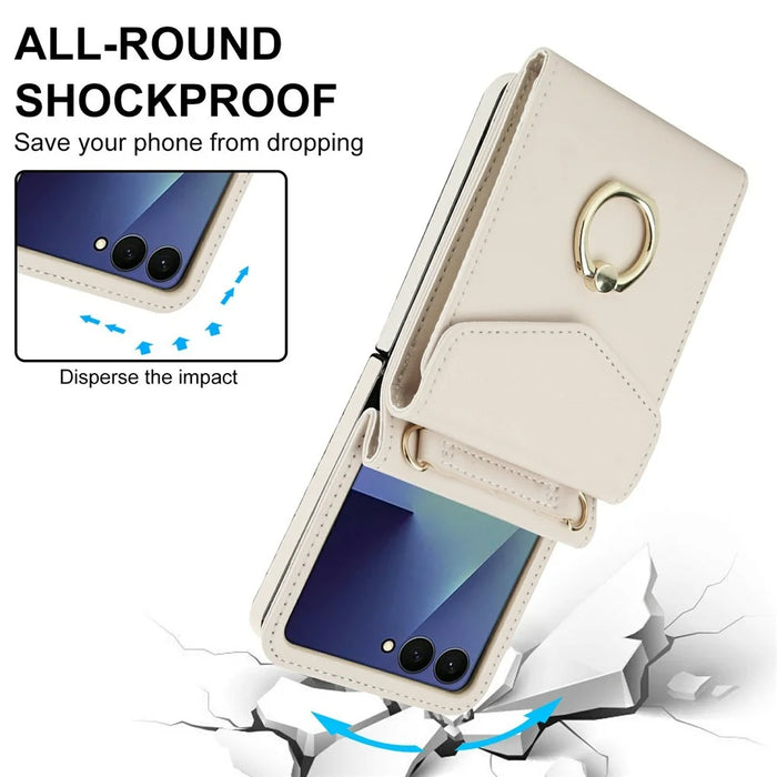 For Samsung Galaxy Z Flip8 Case Litchi Texture PU Leather + TPU Phone Cover with Shoulder Strap - White - 6
