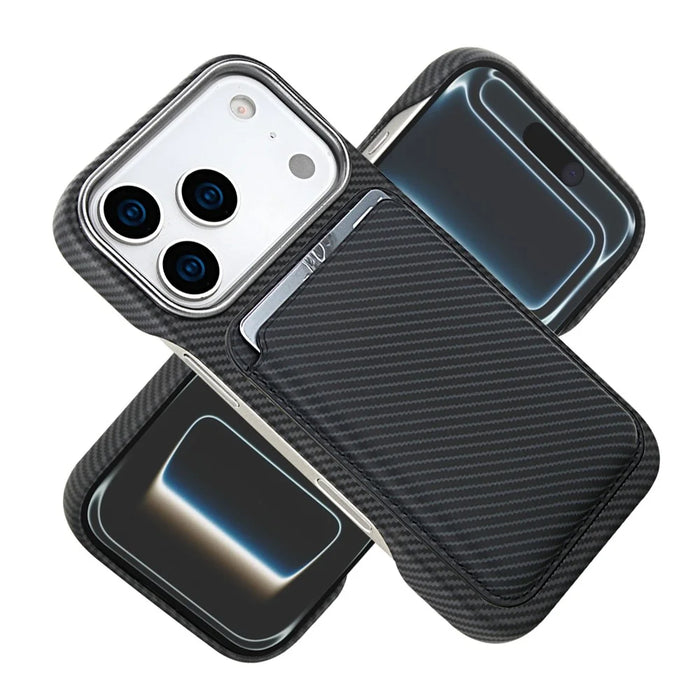 For iPhone 18 Pro Max  /  17 Pro Max Magnetic Case with Detachable Card Holder Carbon Fiber Texture Leather + PC Phone Cover - Black - 2