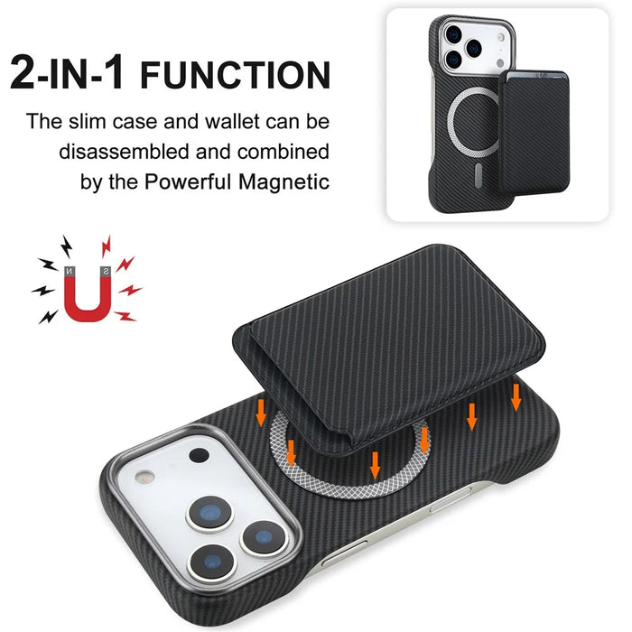 For iPhone 18 Pro Max  /  17 Pro Max Magnetic Case with Detachable Card Holder Carbon Fiber Texture Leather + PC Phone Cover - Black - 7