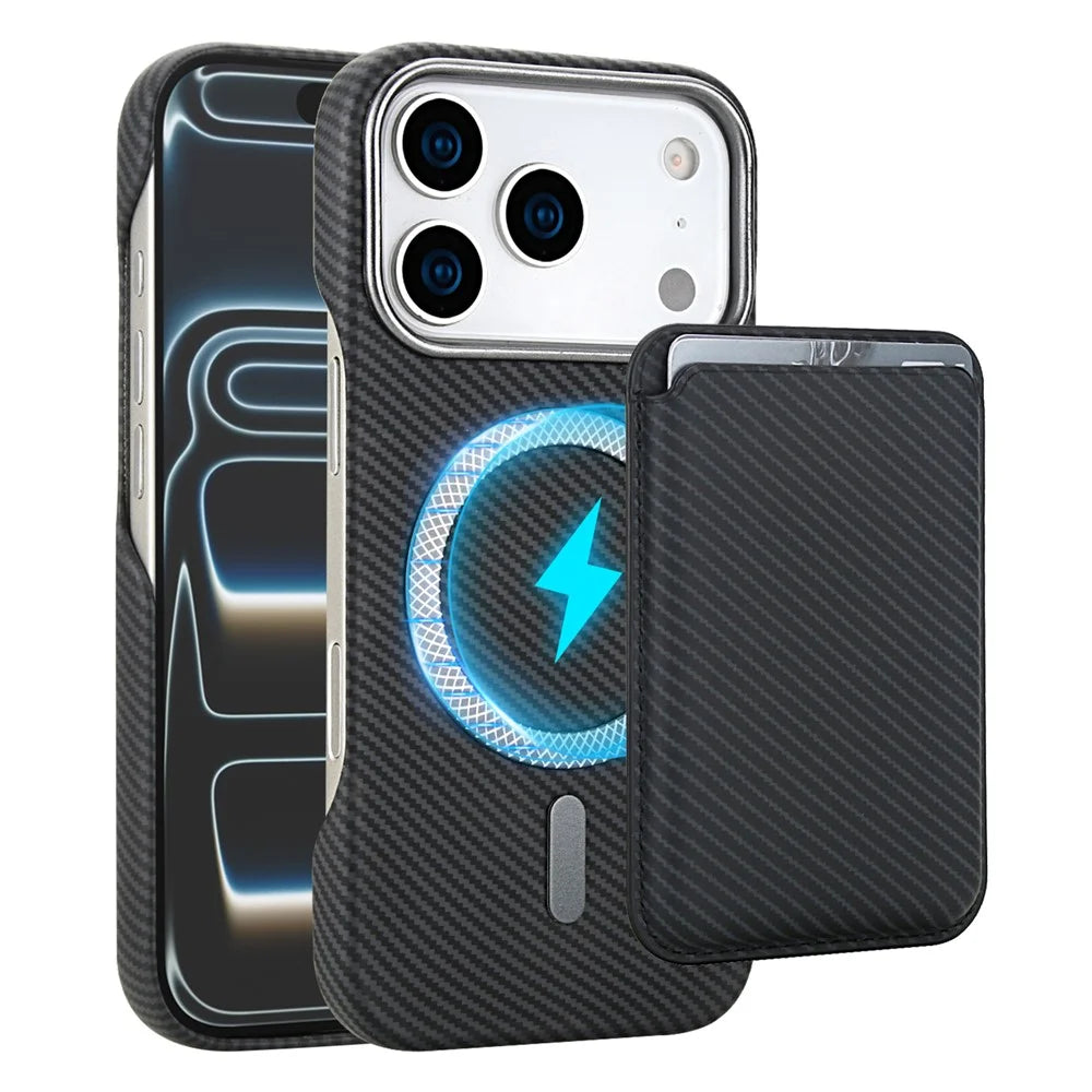 For iPhone 18 Pro  /  17 Pro Magnetic Case with Detachable Card Holder Carbon Fiber Texture Leather + PC Phone Cover - Black - 1