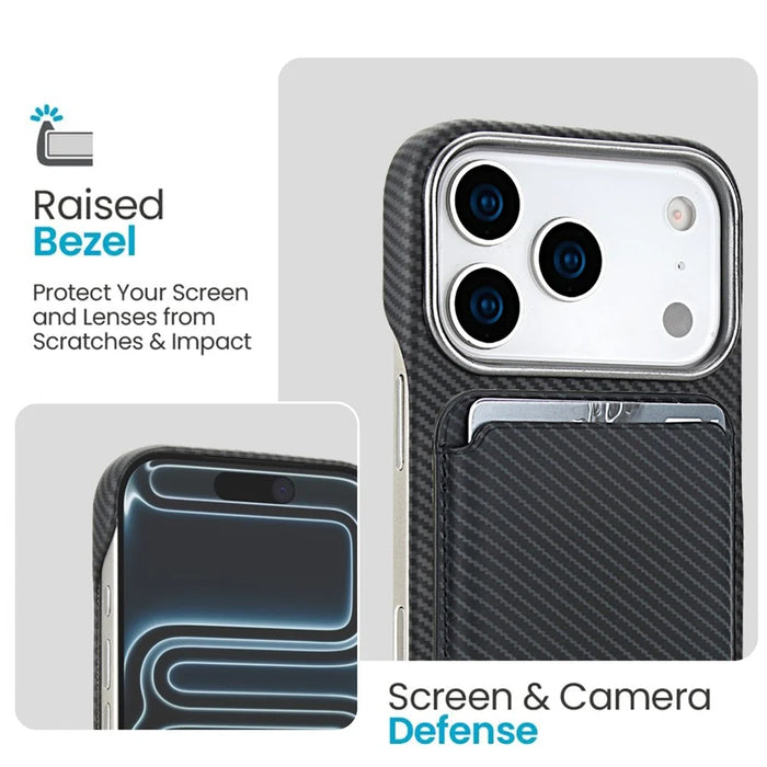 For iPhone 18 Pro  /  17 Pro Magnetic Case with Detachable Card Holder Carbon Fiber Texture Leather + PC Phone Cover - Black - 4