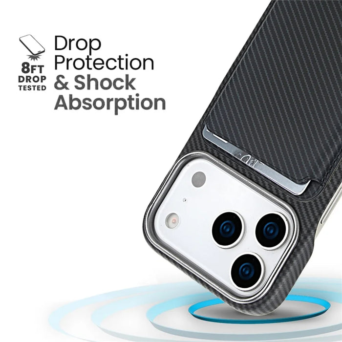 For iPhone 18 Pro  /  17 Pro Magnetic Case with Detachable Card Holder Carbon Fiber Texture Leather + PC Phone Cover - Black - 6