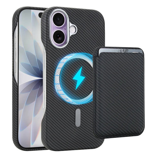 For iPhone 17 Magnetic Case with Detachable Card Holder Carbon Fiber Texture Leather + PC Phone Cover - Black - 1