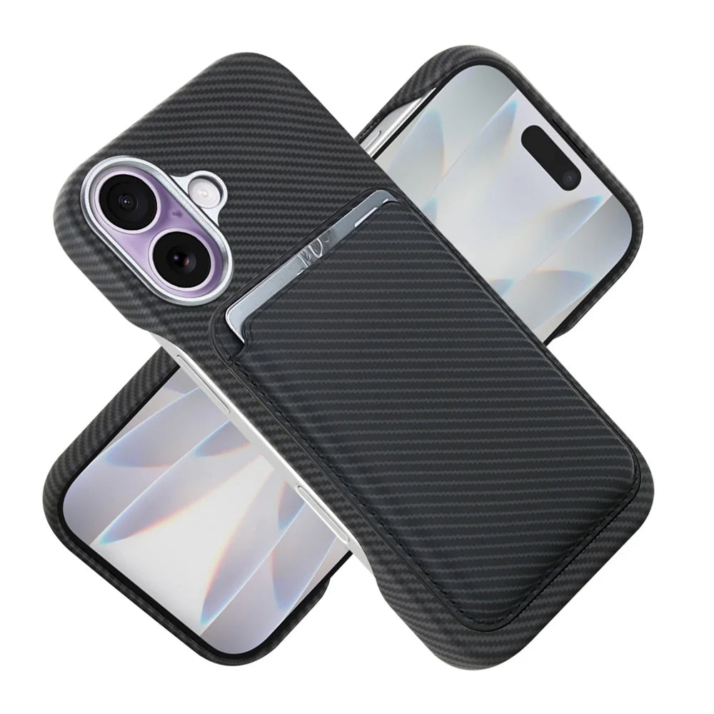 For iPhone 16 Magnetic Case with Detachable Card Holder Carbon Fiber Texture Leather + PC Phone Cover - Black - 2