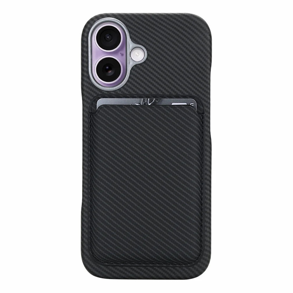 For iPhone 16 Magnetic Case with Detachable Card Holder Carbon Fiber Texture Leather + PC Phone Cover - Black - 3