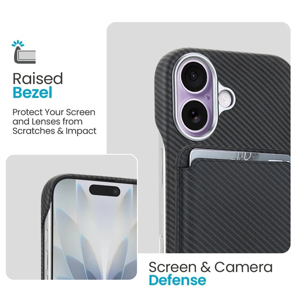 For iPhone 16 Magnetic Case with Detachable Card Holder Carbon Fiber Texture Leather + PC Phone Cover - Black - 4
