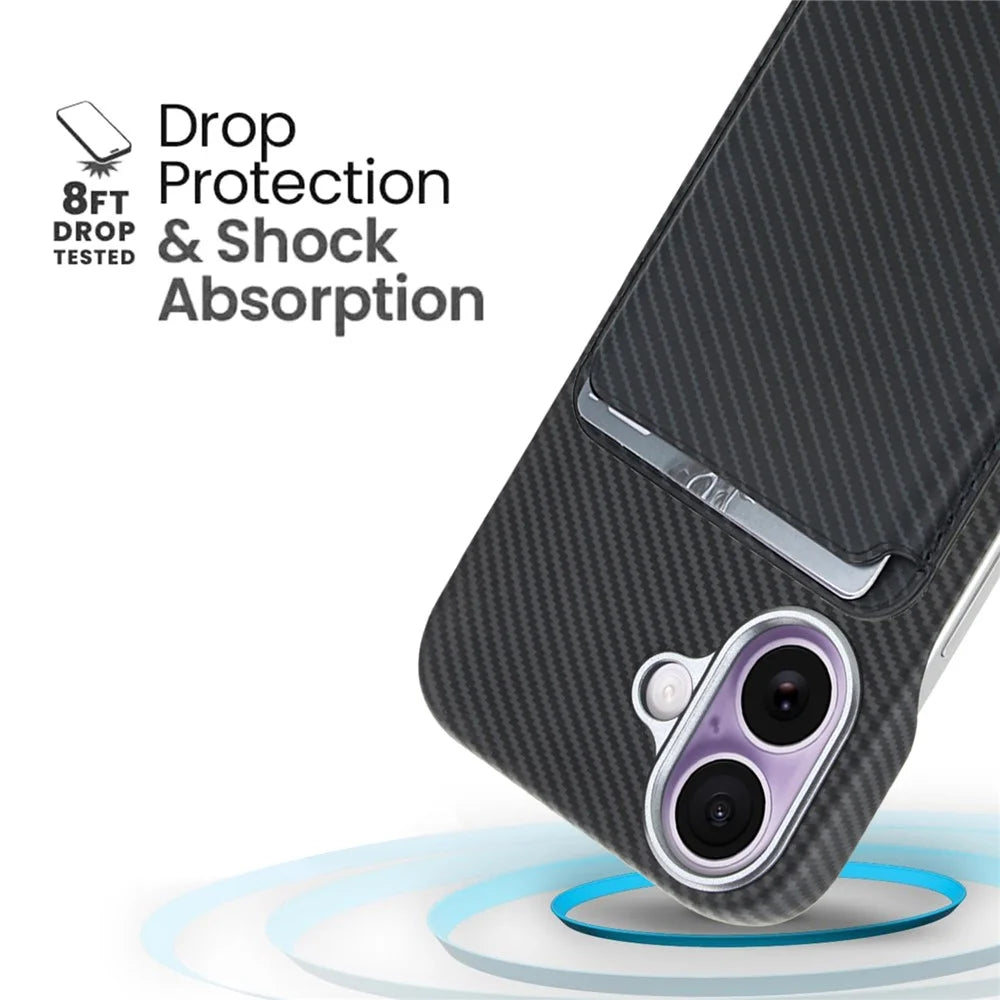 For iPhone 16 Magnetic Case with Detachable Card Holder Carbon Fiber Texture Leather + PC Phone Cover - Black - 5