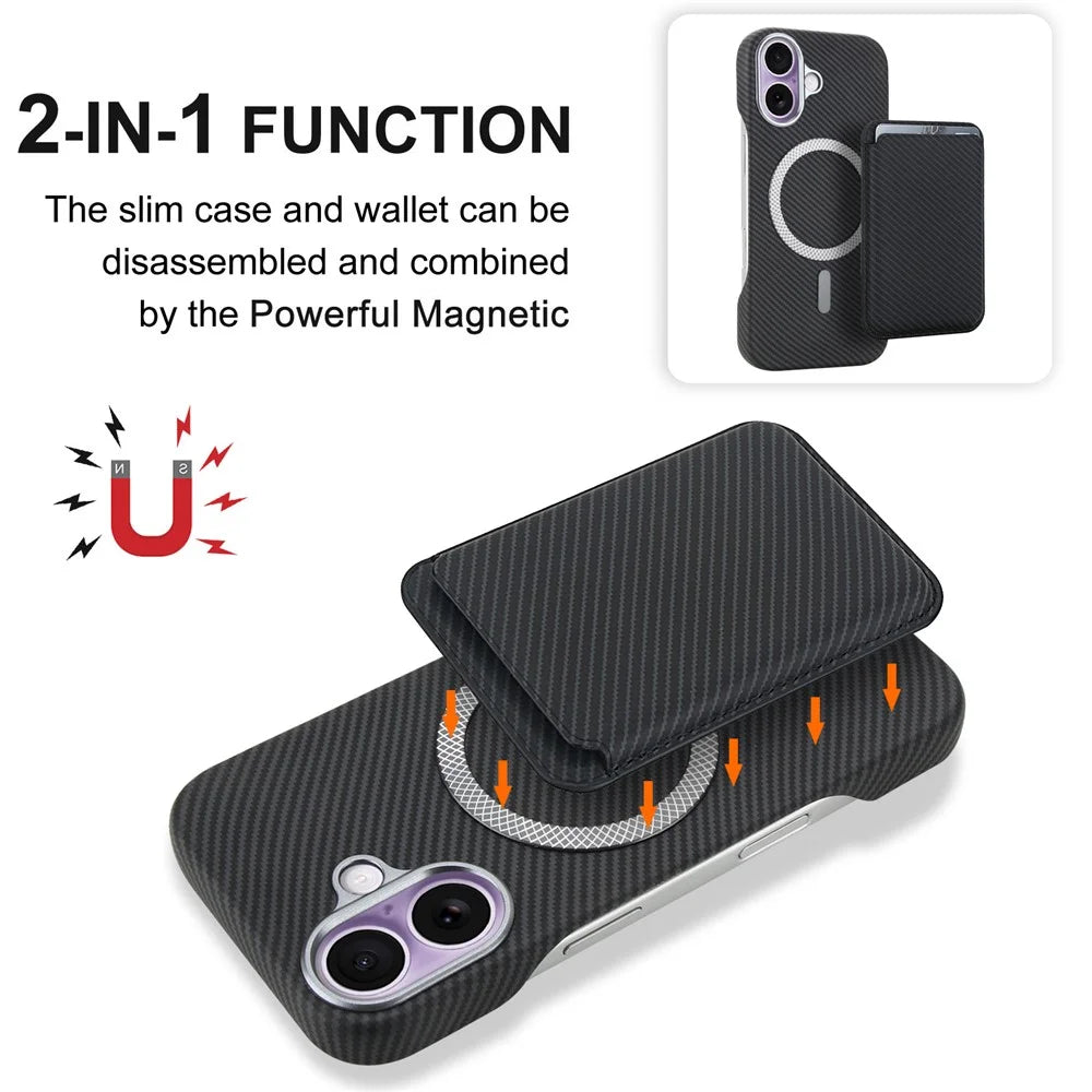 For iPhone 16 Magnetic Case with Detachable Card Holder Carbon Fiber Texture Leather + PC Phone Cover - Black - 7