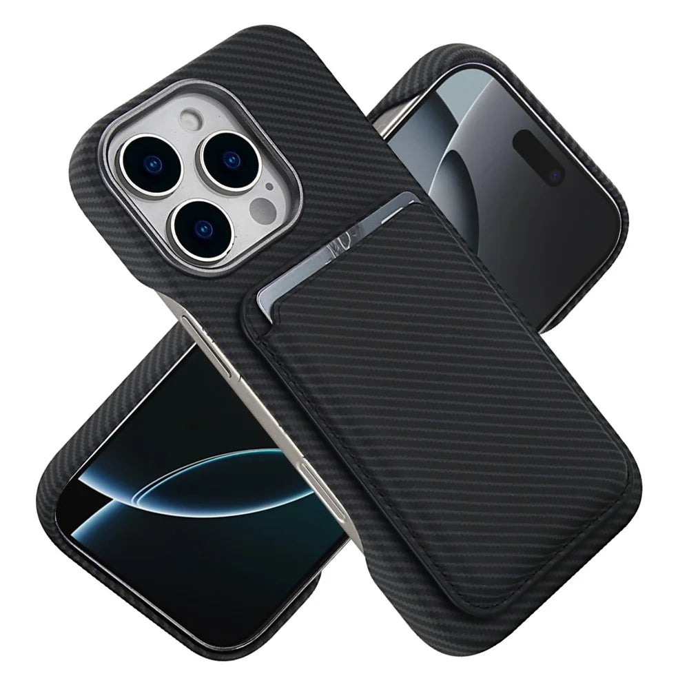 For iPhone 16 Pro Magnetic Case with Detachable Card Holder Carbon Fiber Texture Leather + PC Phone Cover - Black - 2